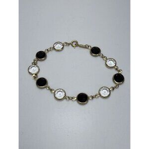 Swarovski Gold Tone Black & Clear Crystal Station Link Bracelet Elegant